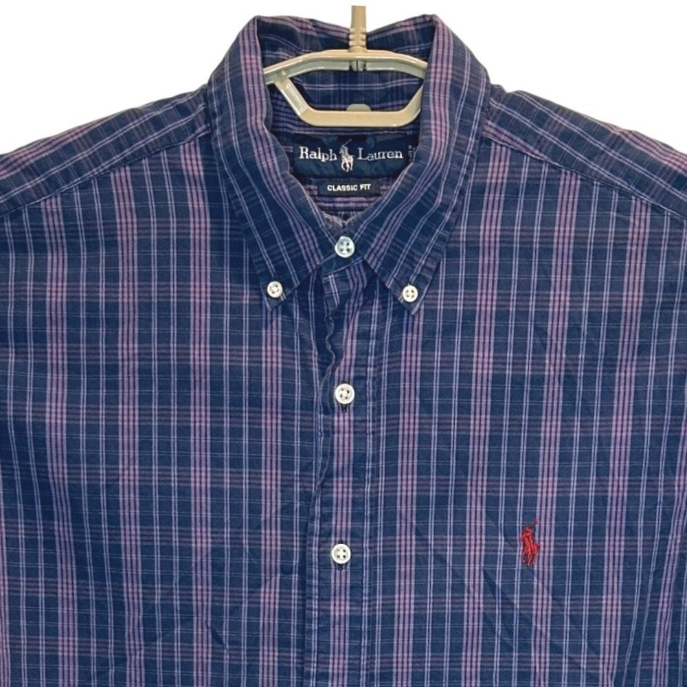 Ralph Lauren Button Down Shirt Large Navy Purple Plaid Classic Fit Short Sleeve